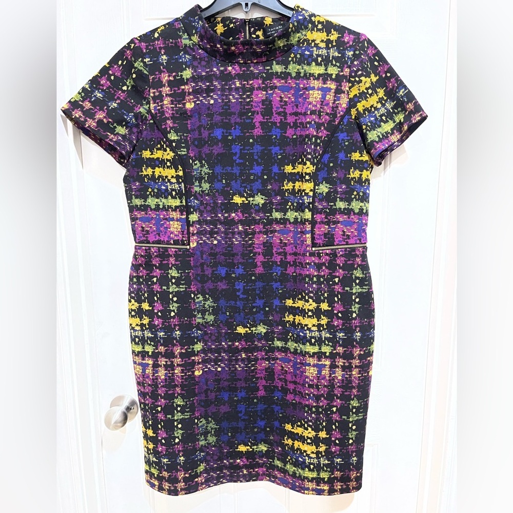 TAHARI ASL Colorful Abstract Plaid Short Sleeve Sheath Dress SIZE 16
